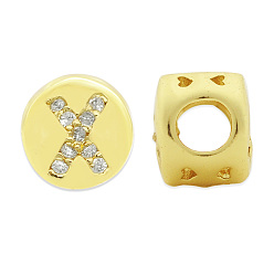 Letter X Brass Micro Pave Clear Cubic Zirconia Beads, Flat Round with Letter, Letter.X, 7.5x6.5mm, Hole: 3.5mm, 3pcs/bag