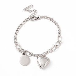 Stainless Steel Color Non-Tarnish Heart & Flat Round Stainless Steel Charm Bracelet for Women, Stainless Steel Color, 7-1/8 inch(18cm)