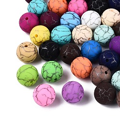 Mixed Color Printed Silicone Beads, Cracked Pattern Round, Mixed Color, 14.5~15mm, Hole: 2.5mm