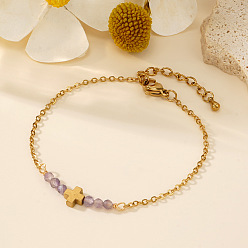 Золотой Маленькие фиолетовые крестовые браслеты из нержавеющей стали, с аметистом, золотые, 5/8 дюйм (1.65~1.7 см)