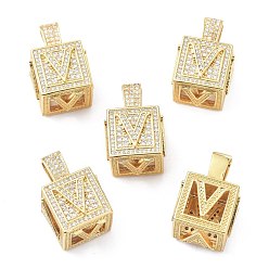 Letter V Кулоны из латуни с микропейвом и прозрачным фианитом, реальный 18 k позолоченный, куб с письмом, letter.v, 26x17x17 мм, отверстие : 5x8 мм