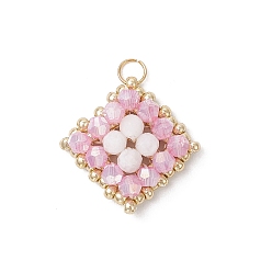 Pink Подвески из стекла ручной работы и натурального радужного лунного камня, ромб, со стеклянными семенами и 304 кольцами из нержавеющей стали, граненые, розовые, 19x19x5 мм, отверстие : 3 мм