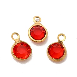 Red Ion Plating(IP) 304 Stainless Steel with Glass Charms, Real 18K Gold Plated, Faceted Flat Round, Red, 9.5x6.5x2mm, Hole: 1.5mm