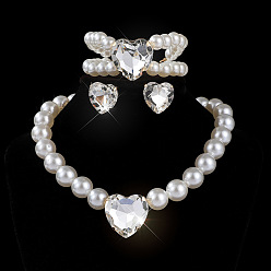 Кристалл Комплекты ожерелий, сережек-гвоздиков и браслетов из стеклянных стразов и пластиковых жемчужин в форме сердца, кристалл, 340 мм