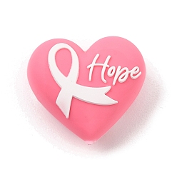 Heart Breast Cancer Awareness Pink Ribbon Theme Silicone Beads, Focal Beads, Heart with Word Hope Heart, 24x27x15mm, Hole: 2.8mm
