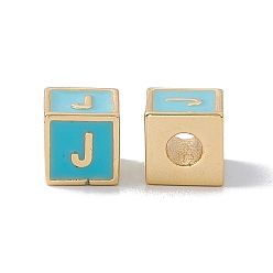 Letter J Стойки покрытие латунь эмаль бисер, без кадмия, без никеля и без свинца, реальный 18 k позолоченный, куб с письмом, голубой, letter.j, 6x6x6 мм, отверстие : 2.5 мм