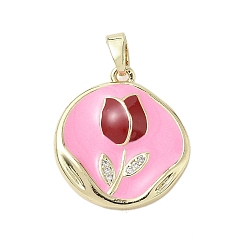 Pink Латунные микро проложить кубического циркония подвески, плоские круглые с цветком, с эмалью, стойки покрытие, долговечный, без свинца и без кадмия, реальный 18 k позолоченный, розовые, 20.5x18.5x3.8 мм, отверстие : 4.8x2.7 мм