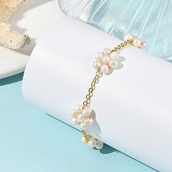 Doré  Bracelets à maillons en perles de culture d'eau douce naturelles et perles de rocaille, motif fleur, bijoux en laiton pour femmes, blanc, or, 7.28 pouce (18.5 cm)