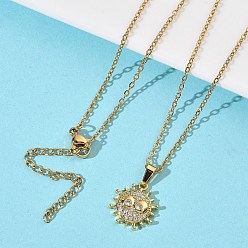 Настоящее золото 18K Подвеска-солнце из латуни с микропаве из прозрачных кубических цирконий 304 цепочка из нержавеющей стали для женщин, вакуумное покрытие pvd, реальный 18 k позолоченный, 18.11 дюйм (46 см)