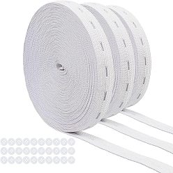 Weiß Flache elastische Schnur / Bänder mit Knopfloch, Gewebekleidungsnähzubehör, mit Harz Tasten, weiß, 15mm, 30m / set