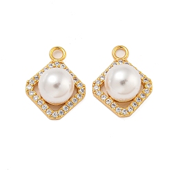 Настоящее золото 18K Латунные микро проложить кубического циркония подвески, с пластмассовой жемчужиной abs, ромб, реальный 18 k позолоченный, 16x12.5x8.5 мм, отверстие : 2 мм