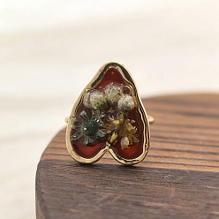 Шоколадный 304 открытые кольца манжеты из нержавеющей стали, Сердце со цветками , cmолой, золотые, цвет шоколада, размер США 8 1/2 (18.5 мм)