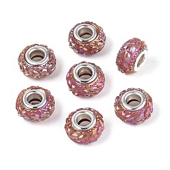 Бледно-фиолетовый Красный Непрозрачная смола европейский бисер, бусины с большим отверстием, рондель с латунными сердечниками, покрытыми серебром, бледно-фиолетовый красный, 13.5~14x8.2~9 мм, отверстие : 5 мм