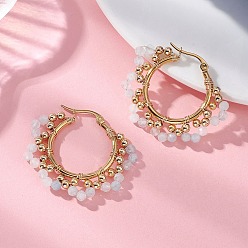 Аквамарин Серьги-кольца из латуни с натуральным аквамарином, с фурнитурой для сережек из железа и 304 нержавеющей стали, золотые, 30x35x3 мм