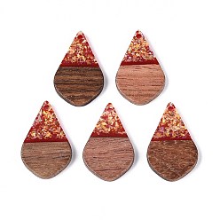 Темно-Красный Подвески из непрозрачной смолы и орехового дерева, слезинки, с блестящей пудрой и золотой фольгой, темно-красный, 28x17.5x3~3.5 мм, отверстие : 1.8~2 мм