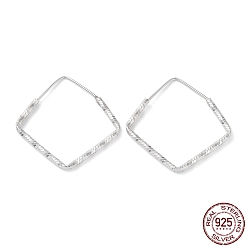 Real Platinum Plated Rhodium Plated 925 Sterling Silver Textured Rhombus Hoop Earrings, Real Platinum Plated, 31.5x2x31.5mm