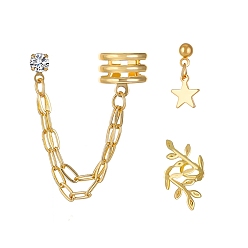 Light Gold Серьги-каффы из сплава с микропаве из прозрачных кубических цирконий, подвеска звезда и лист и цепь, золотой свет, 40 мм