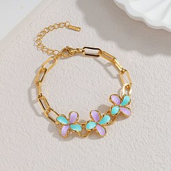 Фиолетовый 304 Браслеты из нержавеющей стали с эмалированными цветочными звеньями для женщин, ионное покрытие (ip), фиолетовые, 7.32 дюйм (18.6 см)