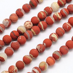 Red Jasper Frosted Round Natural White Lace Red Jasper Beads Strands, 6mm, Hole: 1mm, about 65pcs/strand, 15.3 inch