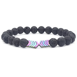 Разноцветный Эластичные браслеты из натуральной лавовой породы и синтетических немагнитных гематитовых бусин с гальваническим покрытием., Украшения с подвеской в виде стрелы для мужчин, красочный, 7.28 дюйм (18.5 см) ~ 7.68 дюйм (19.5 см)