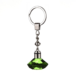 Lime Diamond Shape Faceted Glass Keychain, with Platinum Plated Iron Split Key Rings, Lime, 96mm, Pendants: 30.5x30mm