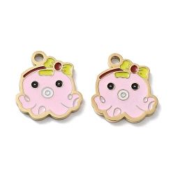 Pink Ion Plating(IP) 304 Stainless Steel Enamel Pendants, Octopus Charm, Golden, Pink, 15x13.5x1.5mm, Hole: 1.8mm