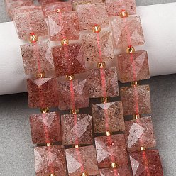 Pink Природного кварца клубники нитей бисера, граненые, квадратный, с бисером, розовые, 10.5x10.5x4.5~5.5 мм, отверстие : 1 мм, около 31 шт / нитка, 14.76~15.16'' (37.5~38.5 см)