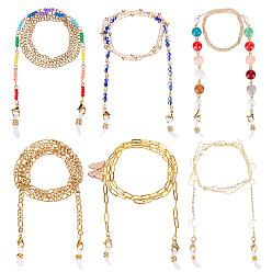 Golden 6Pcs 6 Style Eyeglasses Chains, 304 Stainless Steel & Brass Link Chains, with Glass & Acrylic Beaded, with Lobster Claw Clasps and Rubber Loop Ends, Golden, 27.56~31.89 inch(70~81mm), 1Pc/style