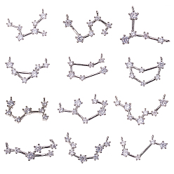 Платина Латунные микро проложить кубического циркония подвески, двенадцать созвездий, прозрачные, платина, 10.5~19x22~29x2.5~3.5 мм, отверстие : 1.5 мм, 12 шт / коробка