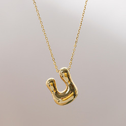 Letter U Brass Chunky Initial Pendant Necklaces, with Stainless Steel Lobster Claw Clasps, Real 14K Gold Plated, Letter U, 17.72~18.90 inch(45~48cm)