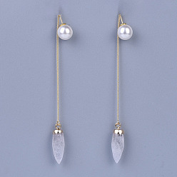 Quartz Crystal Natural Quartz Crystal Ear Threads, with Brass Stud Earring Findings and Acrylic Imitation Pearl Ear Nuts, Real 18K Gold Plated, 108~111mm(not included Ear Nuts), Pin: 0.8mm