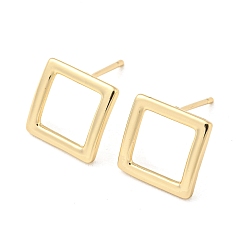Light Gold Brass Stud Earrings, Hollow Square, Light Gold, 12x12mm