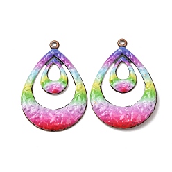 Teardrop Rainbow Color Printed Iron Pendants, Red Copper, Teardrop Charm, 43x30x2mm, Hole: 1.9mm