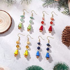 Смешанные камни 4 пары латунных серег-грибов, с натуральным смешанным камнем и подвесками ручной работы в технике лэмпворк, золотые, 68x13 мм