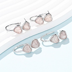 Клубничный Кварц Серьги-гвоздики в форме сердца из натурального клубничного кварца ко Дню святого Валентина, с латунными застежками для сережек с гальваническим покрытием, платина, 26x10 мм