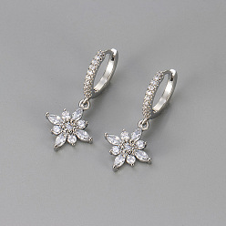 Платина Серьги-кольца из латуни с прозрачными кубическими циркониями ко Дню святого Валентина, цветок, платина, 26x12.26 мм