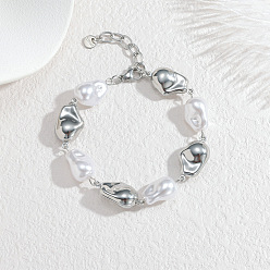 Нержавеющая Сталь Цвет 304 Браслеты-цепочки из нержавеющей стали и пластиковых жемчужных бусин для женщин, самородки, цвет нержавеющей стали, 7.28 дюйм (18.5 см)