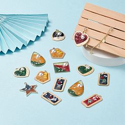Mixed Color Epoxy Resin Pendants, with ABS Plastic and Enamel, Alloy or Brass Findings, Mixed Shapes, Golden & Matte Gold Color, Mixed Color, 35~49x21~41.5x3.5~6mm, Hole: 1.2~4.5mm