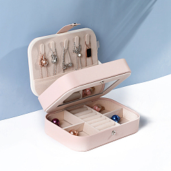 Pink Ящик для хранения из искусственной кожи для женщин, Прямоугольный портативный футляр для ювелирных изделий-органайзер для серег, колец, ожерелий, с кнопкой и зеркалом, розовые, 16x11.5x5.2 см