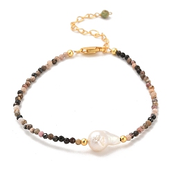 Rhodonit Armbänder aus Perlen aus natürlichem Rhodonit und natürlichem Türkis, mit Sterling Silberperlen und Perlen, echt 18 k vergoldet, 16.8~17 cm