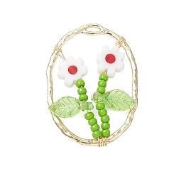 Белый Подвески из стеклянного бисера и стекла миллефиори ручной работы, овальные с цветком, со сплавом, белые, 30x21.5x3 мм, отверстие : 1 мм