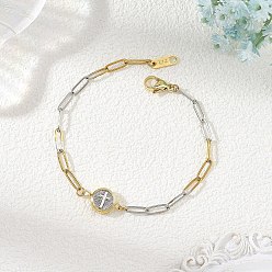 Golden & Stainless Steel Color Brass & 304 Stainless Steel Paperclip Chain Link Bracelets, Flat Round with Cross Pattern, Golden & Stainless Steel Color, 7.52 inch(19.1cm)