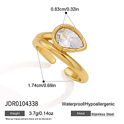 Golden 304 Stainless Steel Pave Clear Cubic Zirconia Cuff Open Rings, Teardrop, Golden, Inner Diameter: 17.4mm