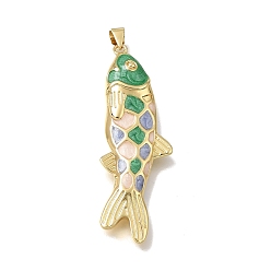 Green Brass Enamel Pendants, Fish Charms, Cadmium Free & Lead Free, Rack Plating, Long-Lasting Plated, Real 18K Gold Plated, Green, 49x17x6.5mm, Hole: 4x4mm
