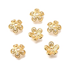 Настоящее золото 24K Колпачки для бусин из прозрачного кубического циркония из латуни, цветок, без кадмия и без свинца, стойки покрытие, долговечный, реальный 24 k позолоченный, 10x3 мм, отверстие : 1.8 мм
