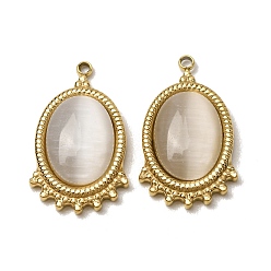 WhiteSmoke 303 Stainless Steel & Cat Eye Pendants, Oval Charms, Ion Plating(IP),  Long-Lasting Plated, Golden, WhiteSmoke, 24x14.5x4.5mm, Hole: 1.5mm