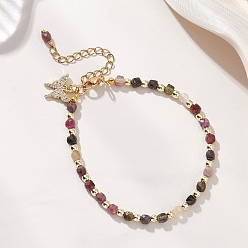 Турмалин Браслеты из гальванически покрытых немагнитным синтетическим гематитом и натуральным многоцветным турмалином кубических бусин для женщин., с латунным микропрофилированием кубических циркониевых прелестей, бабочка, годельн, 7.40 дюйм (18.8 см)