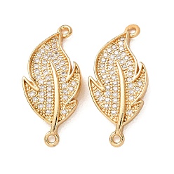 Chapado en Oro Real 18K Dijes de conector de zirconia cúbica transparente con micro pavé de latón, enlaces de plumas, chapado en rack, larga duración plateado, sin plomo y cadmio, real 18 k chapado en oro, 24.5x11.5x2.5 mm, agujero: 1.2 mm