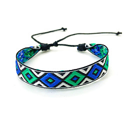 Green Bohemia Polyester Braided Flat Cord Bracelet, Adjustable Bracelet for Women, Green, 6-1/2~9-7/8 inch(16.5~25cm)