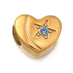 Золотой Сердце со звездой 304 европейские бусины из нержавеющей стали, с кубического циркония, ионное покрытие (ip), бусины с большим отверстием, золотые, 8.5x10x6.5 мм, отверстие : 4 мм